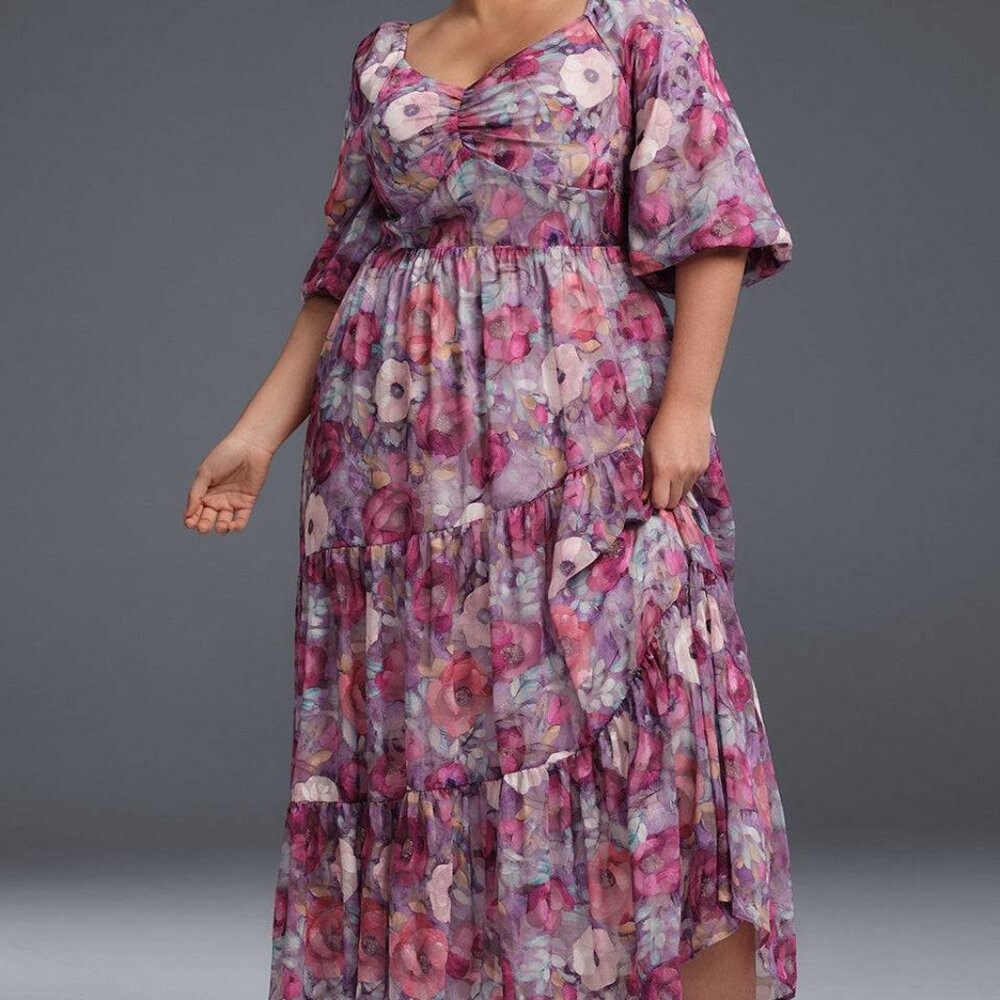 Curveins Plus Size V-Neck Flower Print Pleated Maxi Dress - XL